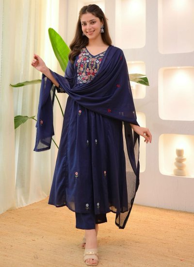 Cotton Embroidered Salwar Kameez in Navy Blue