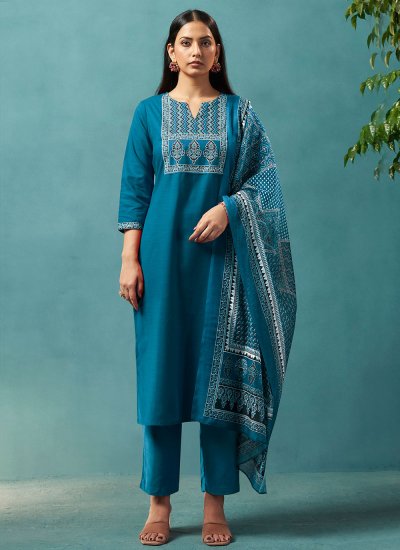 Cotton Turquoise Pant Style Suit