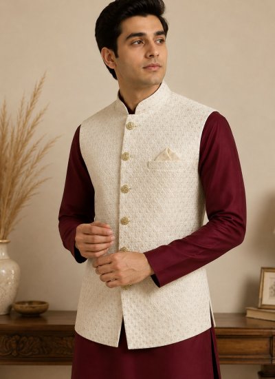 
                            Cream and Maroon Silk Kurta Payjama With Jacket