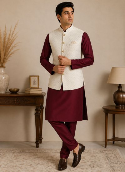 Cream and Maroon Silk Kurta Payjama With Jacket