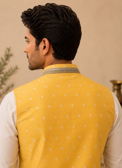 
                            Cream and Yellow Silk Zari Kurta Payjama With Jacket