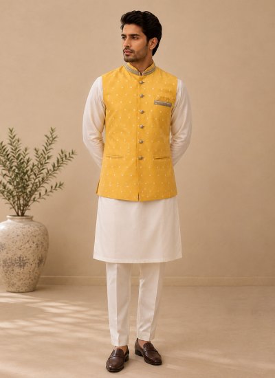 Cream and Yellow Silk Zari Kurta Payjama With Jacket