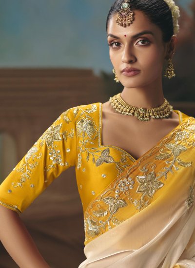 
                            Cream and Yellow Tissue Festival Contemporary Saree