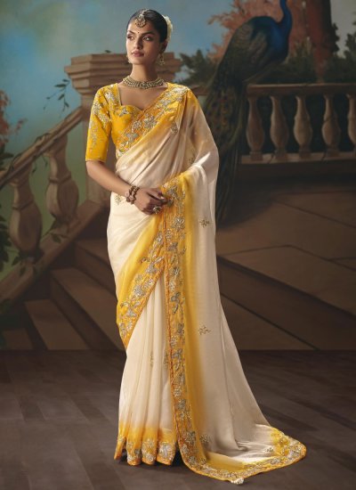 Cream and Yellow Tissue Festival Contemporary Saree