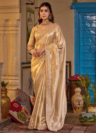 Cream Embroidered Fancy Fabric Saree