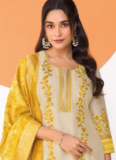 
                            Cream Embroidered Readymade Salwar Suit