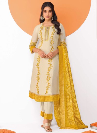 Cream Embroidered Readymade Salwar Suit