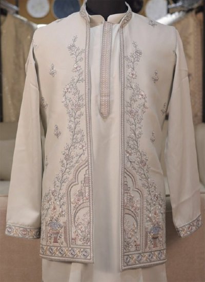 
                            Cream Embroidered Wedding Kurta Payjama With Jacket