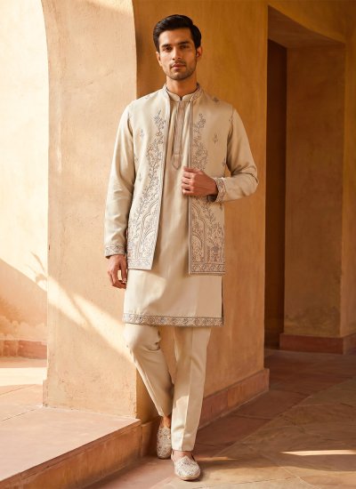 Cream Embroidered Wedding Kurta Payjama With Jacket