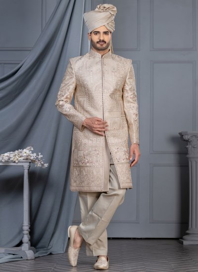 Cream Embroidered Wedding Sherwani