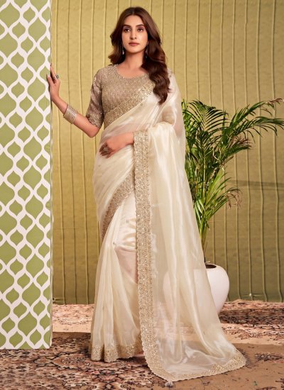 Cream Fancy Organza Saree