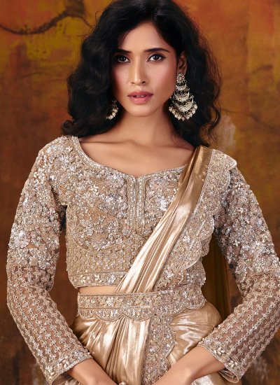 
                            Cream Satin Embroidered Classic Saree