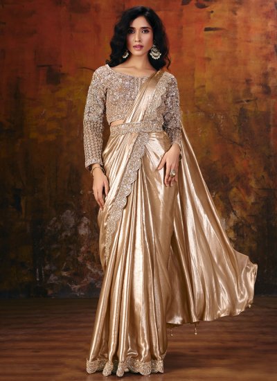 Cream Satin Embroidered Classic Saree