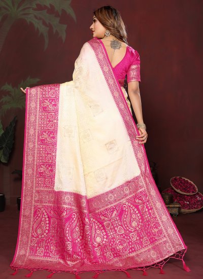 
                            Cream Satin Silk Ceremonial Contemporary Saree