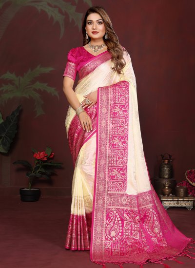Cream Satin Silk Ceremonial Contemporary Saree