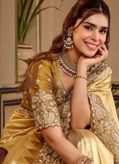 
                            Cream Sequins Fancy Fabric Contemporary Saree