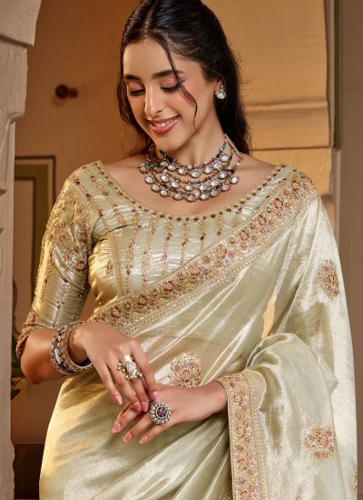 
                            Cream Sequins Fancy Fabric Trendy Saree