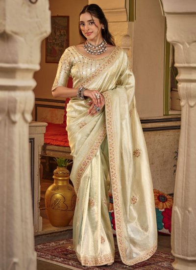 Cream Sequins Fancy Fabric Trendy Saree