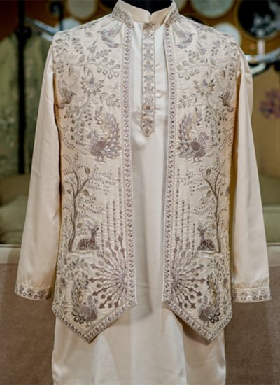 
                            Cream Sequins Kurta Payjama With Jacket