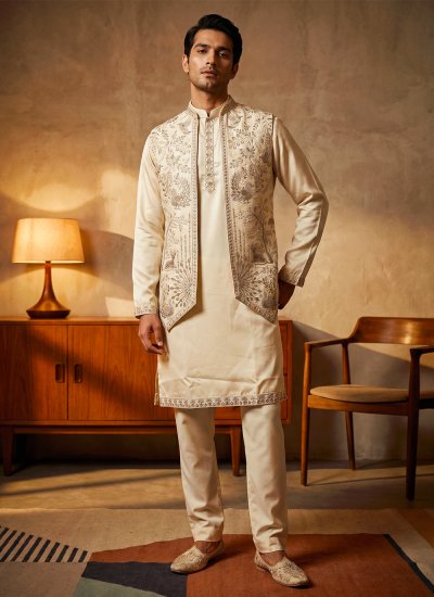 Cream Sequins Kurta Payjama With Jacket