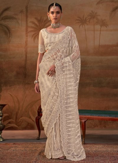 Cream Sequins Party Trendy Saree