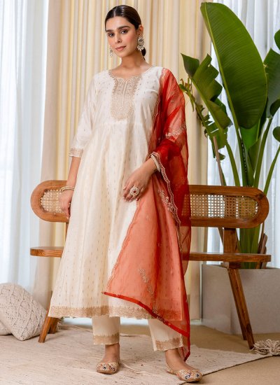 Cream Silk Blend Party Readymade Salwar Kameez