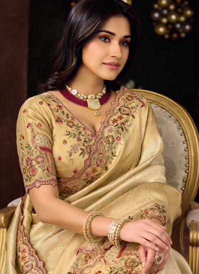 
                            Cream Silk Sequins Saree