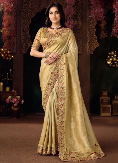Cream Silk Sequins Saree