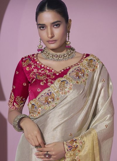 
                            Cream Viscose Zari Classic Saree