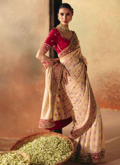 
                            Cream Wedding Pure Georgette Trendy Saree