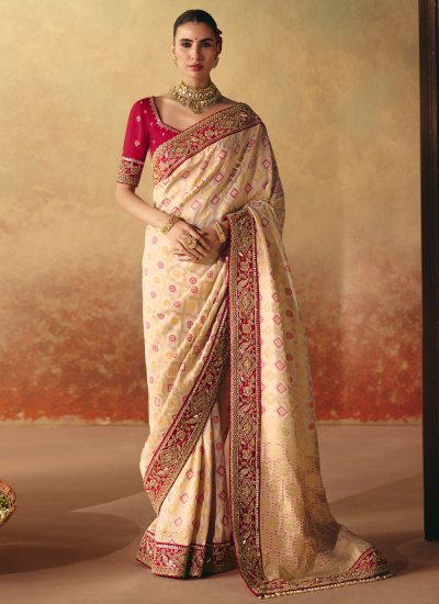 Cream Wedding Pure Georgette Trendy Saree