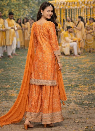 
                            Customary Silk Digital Print Orange Palazzo Salwar Kameez