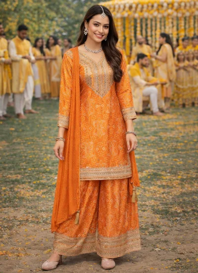 Customary Silk Digital Print Orange Palazzo Salwar Kameez