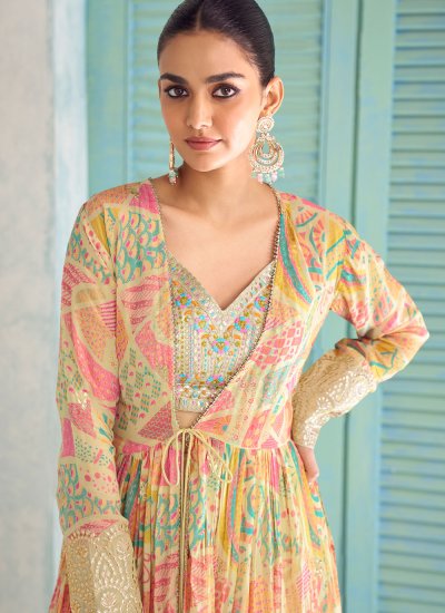 
                            Dainty Beige Embroidered Chinon Salwar Kameez