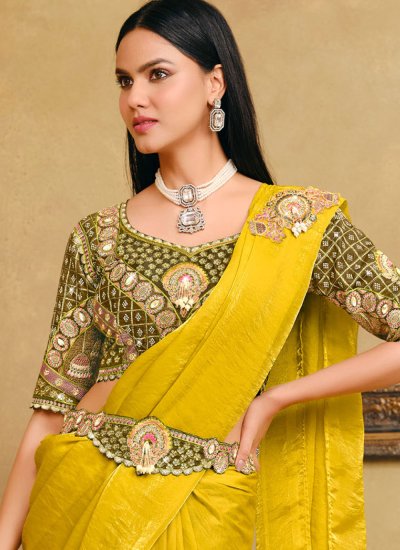 
                            Dainty Embroidered Yellow Silk Contemporary Saree