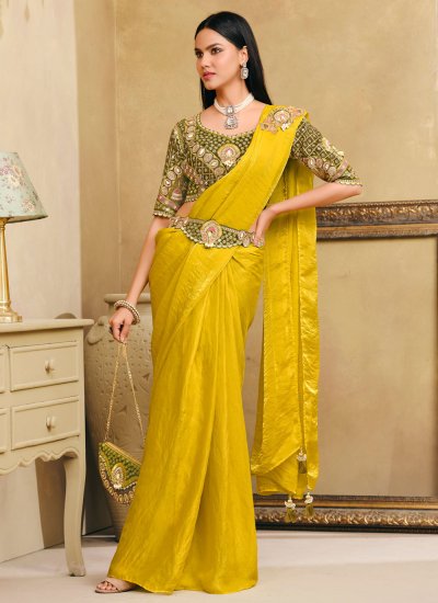 Dainty Embroidered Yellow Silk Contemporary Saree