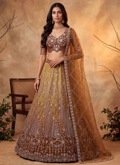 Dainty Sequins Net Brown and Yellow Lehenga Choli