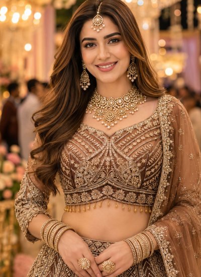 
                            Dazzling Brown Beads Net Lehenga Choli