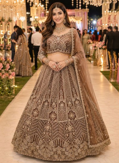 Dazzling Brown Beads Net Lehenga Choli