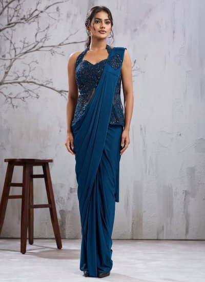 Delectable Imported Embroidered Teal Contemporary Saree