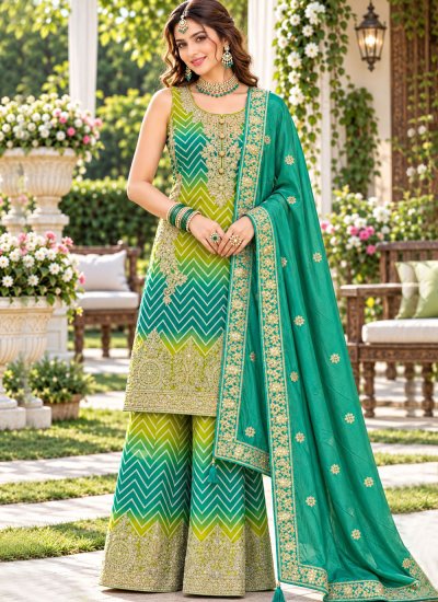 Delightful Chinon Green and Sea Green Salwar Kameez