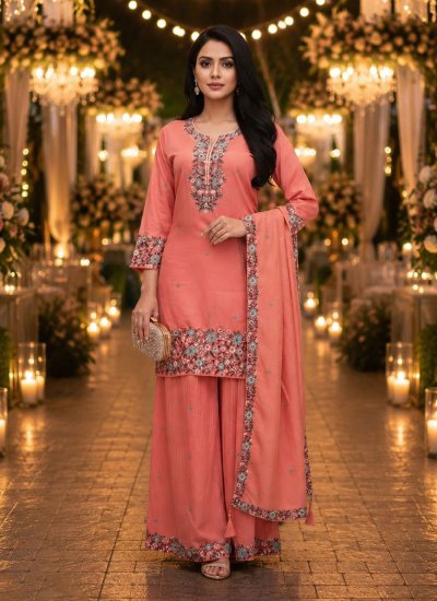 Delightsome Peach Embroidered Trendy Salwar Kameez