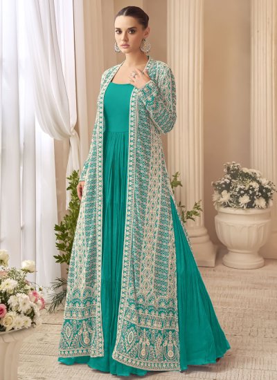 Deserving Sea Green Embroidered Silk Gown 