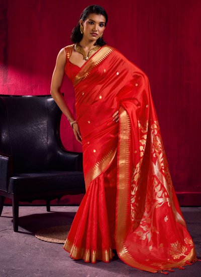 Deserving Weaving Red Contemporary Saree