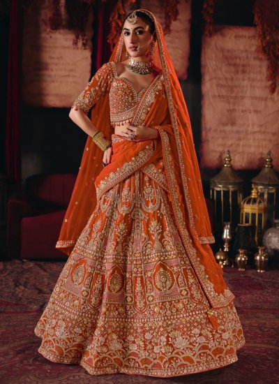 Designer Lehenga Choli Embroidered Silk in Orange Colour