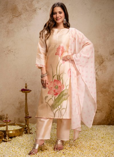 Digital Print Silk Salwar Kameez in Cream Colour
