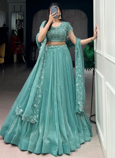 Dignified Fancy Fabric Thread Work Sea Green Designer Lehenga Choli