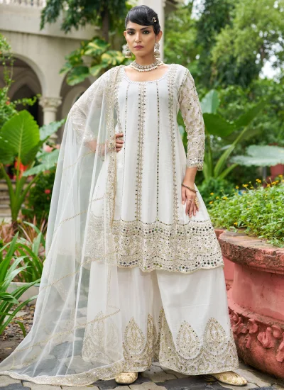 Distinguishable Mirror Chinon White Palazzo Salwar Suit