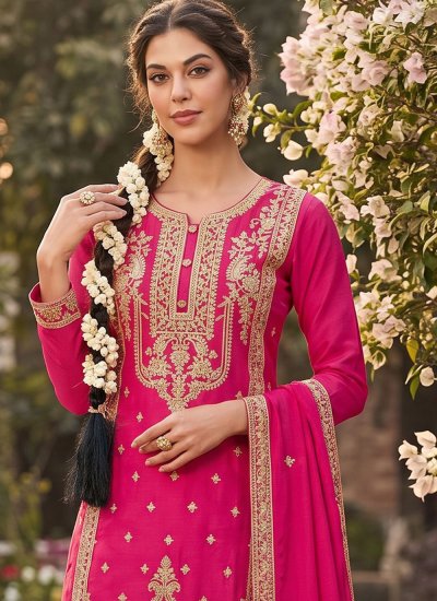 
                            Divine Pink Embroidered Chinon Salwar Kameez