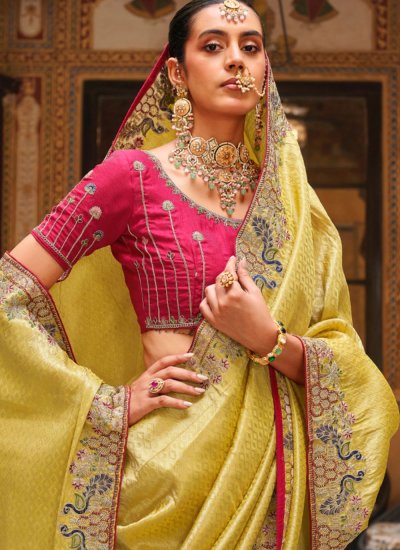 
                            Divine Yellow Embroidered Classic Saree